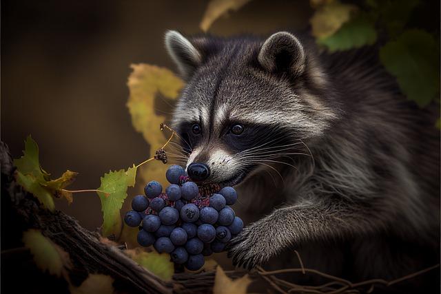 Raccoons are omnivorous and eat a wide range of foods, including insects, fruit, nuts, and small animals.